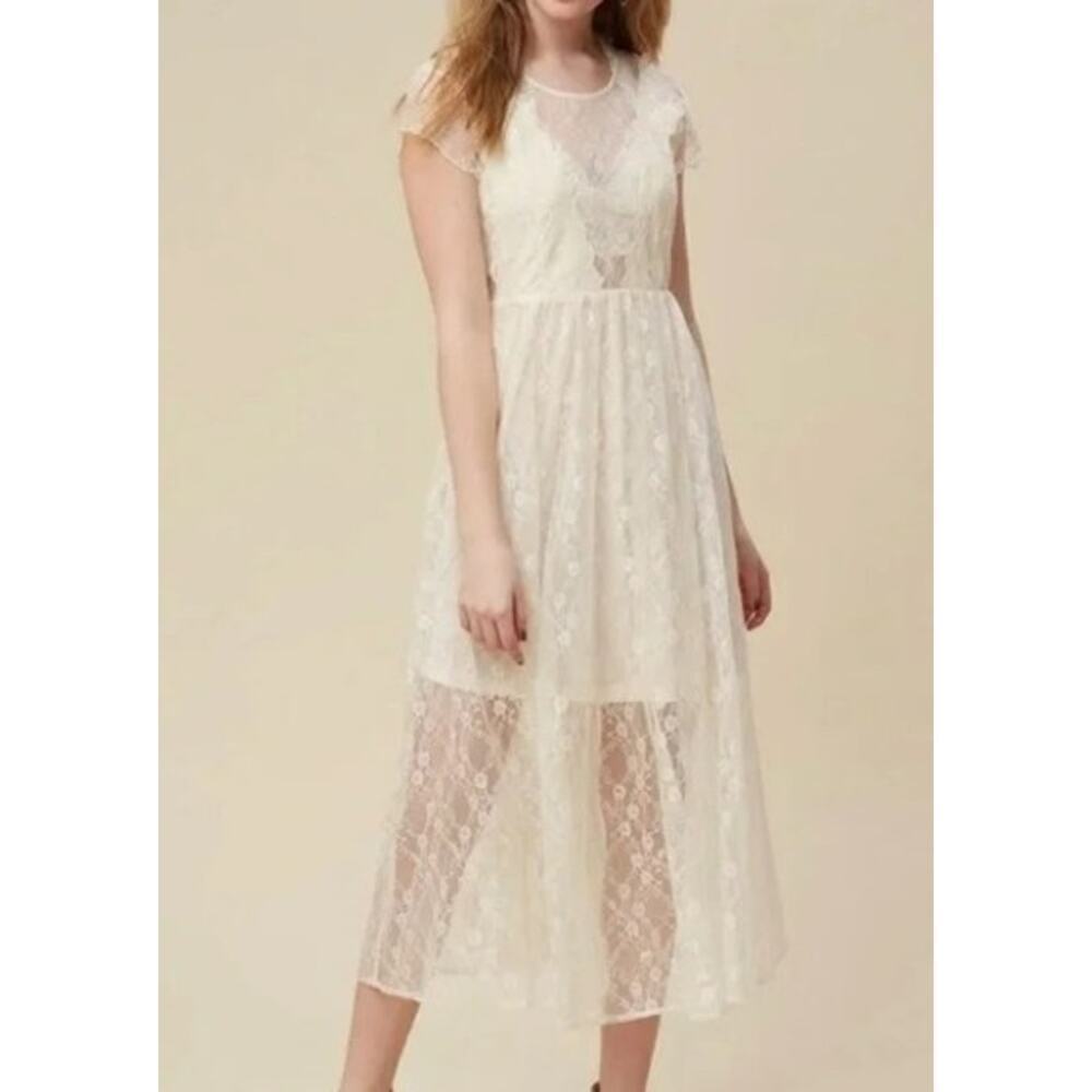 Altar’d State Lace Cream Midi Dress Size Small Boho Short Sleeve Lined Delicate